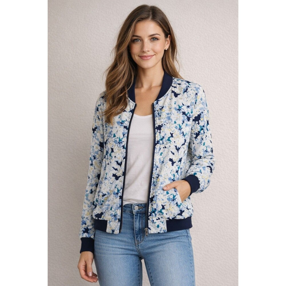 Cato Floral Bomber Jacket Women Medium Blue White Zip Front Lightweight